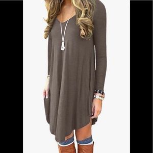 Long Sleeve Casual Tunic/T-Shirt Swing Dress in Ash Brown
